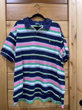 Polo by Ralph Lauren Navy Polo with Pink, Green & White Stripes